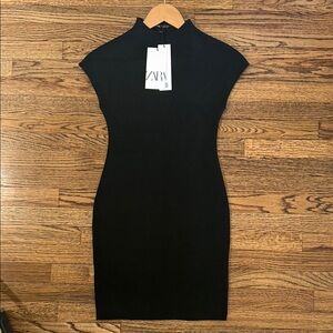 NWT ZARA Black Knit Cap-Sleeve Sculpted Mini Dress Size S